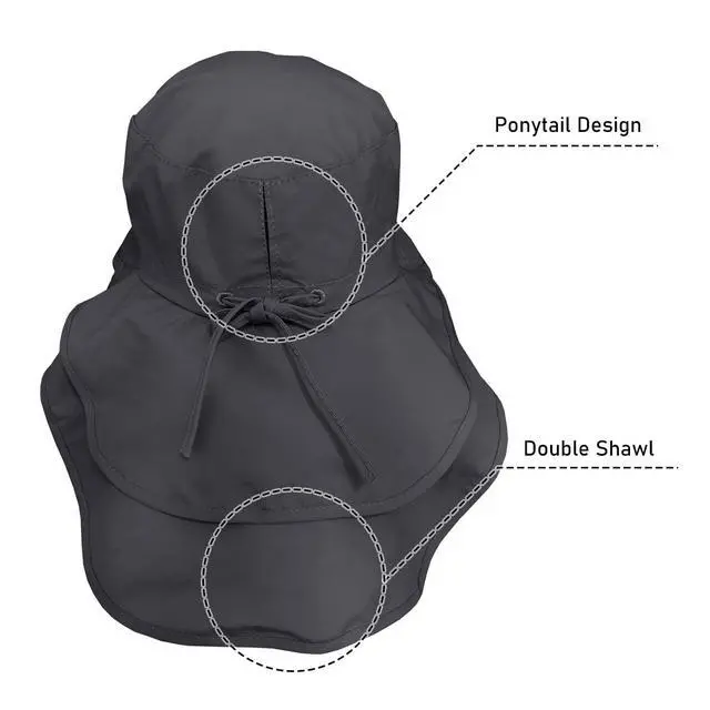 Alt view image 4 of 7 - Womens Sun Hat UPF 50+ Wide Brim and Ponytail Hole, Hiking Safari Hat with Neck Flap (Dark Grey)