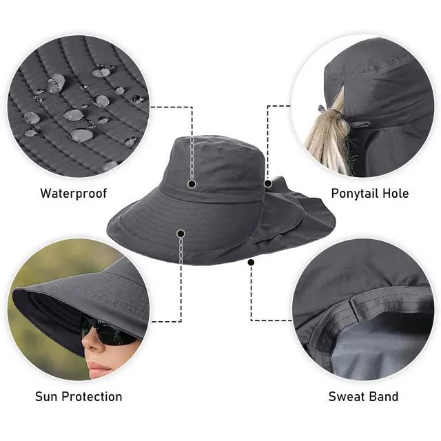 Alt view image 3 of 7 - Womens Sun Hat UPF 50+ Wide Brim and Ponytail Hole, Hiking Safari Hat with Neck Flap (Dark Grey)