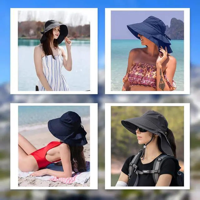 Alt view image 6 of 7 - Womens Sun Hat UPF 50+ Wide Brim and Ponytail Hole, Hiking Safari Hat with Neck Flap (Dark Grey)