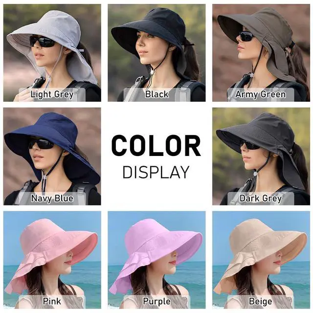 Alt view image 7 of 7 - Womens Sun Hat UPF 50+ Wide Brim and Ponytail Hole, Hiking Safari Hat with Neck Flap (Dark Grey)