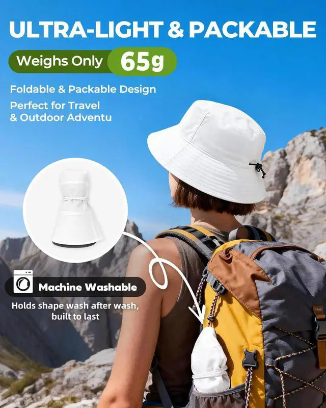 Alt view image 6 of 7 - Bucket Hat for Women Men,Packable UV Protection Sun Hat for Beach,Golf Summer Travel Outdoor Quick Dry & Foldable Caps White