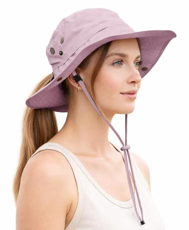Main image of Womens Waterproof Ponytail Bucket Sun Hat for Men - Wide Brim Boonie Hat with Pony Hole, UPF SPF UV Protection Beach Safari Outdoor Hiking Hat Ladies Summer Sunhat, Pink Large Big Head XL XXL