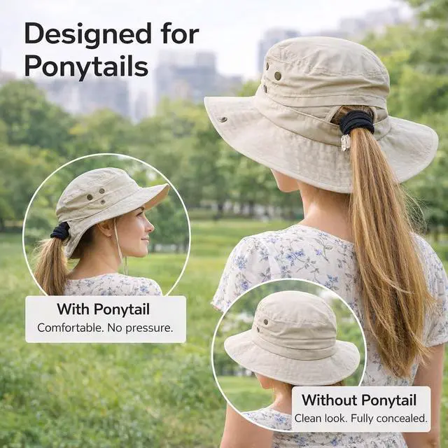 Alt view image 2 of 7 - Womens Waterproof Ponytail Bucket Sun Hat for Men - Wide Brim Boonie Hat with Pony Hole, UPF SPF UV Protection Beach Safari Outdoor Hiking Hat Ladies Summer Sunhat, Pink Large Big Head XL XXL