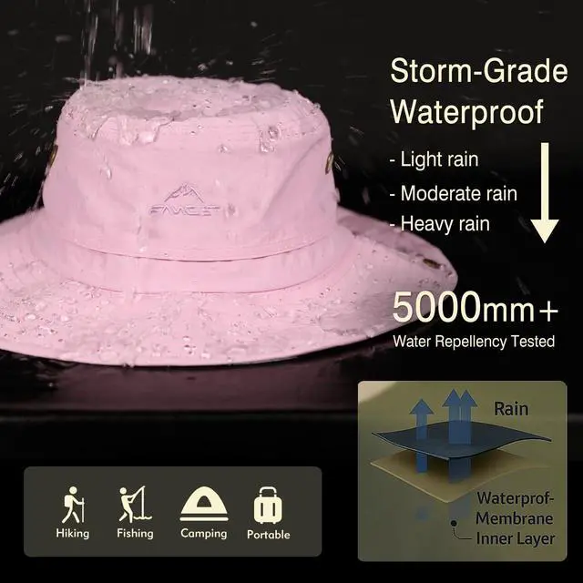 Alt view image 5 of 7 - Womens Waterproof Ponytail Bucket Sun Hat for Men - Wide Brim Boonie Hat with Pony Hole, UPF SPF UV Protection Beach Safari Outdoor Hiking Hat Ladies Summer Sunhat, Pink Large Big Head XL XXL