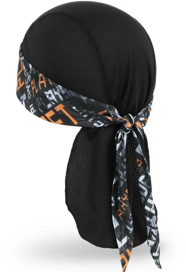 Main image of Cooling Do Rags Skull Cap Helmet Liner, Sweat Head Wraps Bandanas for Men Running Cycling Motorcycle(Black Orange Print Style)