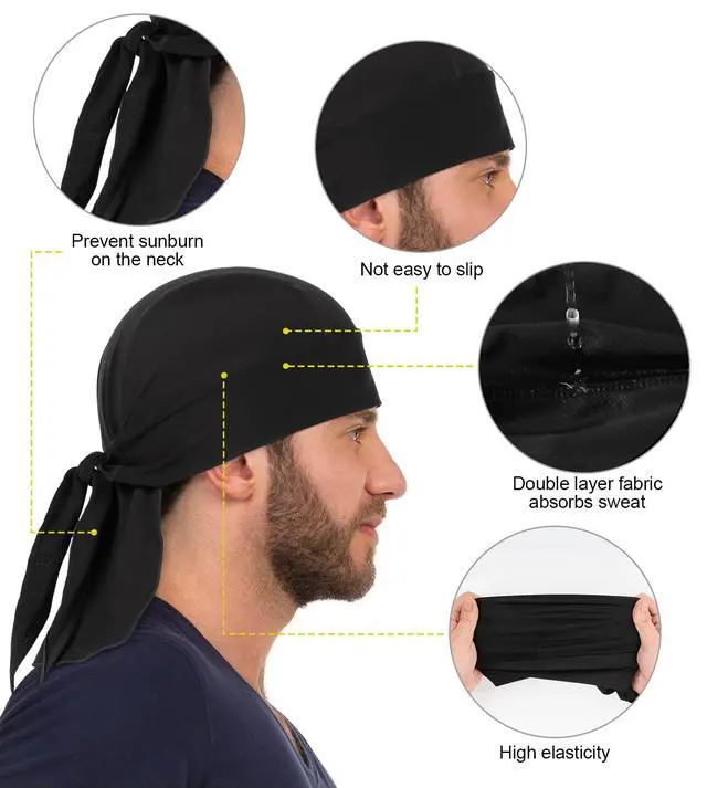Alt view image 4 of 6 - Cooling Do Rags Skull Cap Helmet Liner, Sweat Head Wraps Bandanas for Men Running Cycling Motorcycle(Black Orange Print Style)