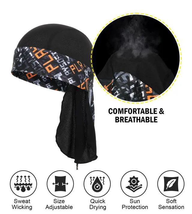Alt view image 2 of 6 - Cooling Do Rags Skull Cap Helmet Liner, Sweat Head Wraps Bandanas for Men Running Cycling Motorcycle(Black Orange Print Style)