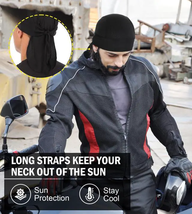 Alt view image 5 of 6 - Cooling Do Rags Skull Cap Helmet Liner, Sweat Head Wraps Bandanas for Men Running Cycling Motorcycle(Black Orange Print Style)