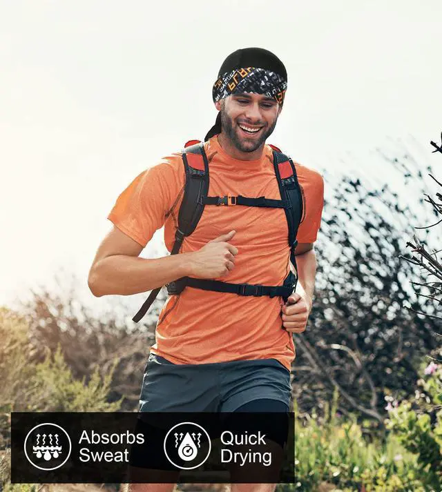 Alt view image 6 of 6 - Cooling Do Rags Skull Cap Helmet Liner, Sweat Head Wraps Bandanas for Men Running Cycling Motorcycle(Black Orange Print Style)