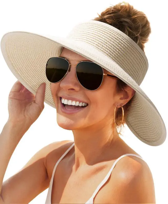Main image of Sun Hats for Women Wide Brim Beach Hat Straw Visor Ponytail Summer UV Packable Foldable Beach Vacation Essentials Beige