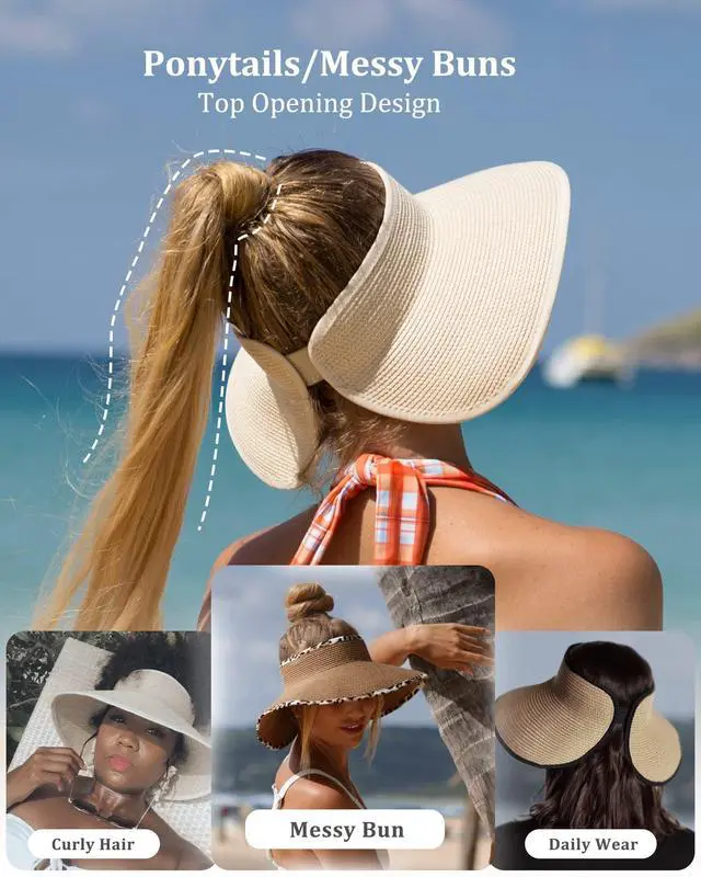 Alt view image 3 of 7 - Sun Hats for Women Wide Brim Beach Hat Straw Visor Ponytail Summer UV Packable Foldable Beach Vacation Essentials Beige