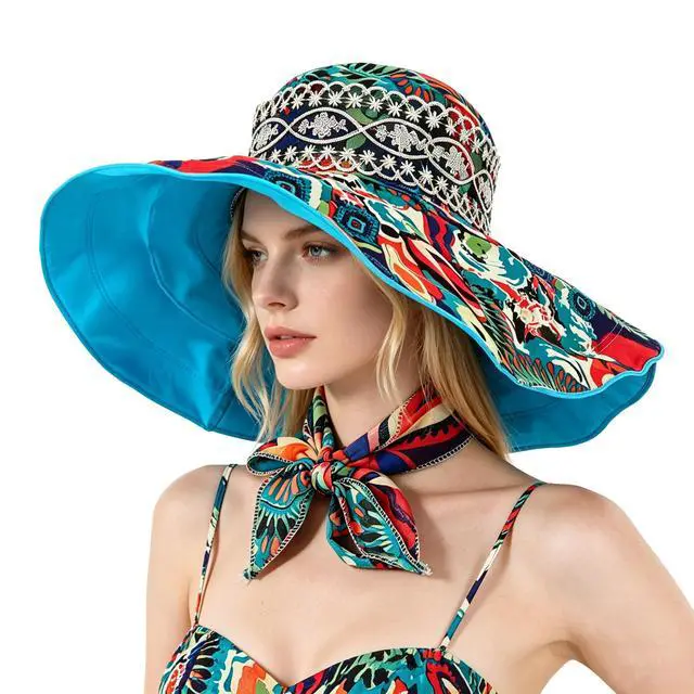 Alt view image 3 of 7 - Ladies Foldable Floppy Sun Hats Flowers Lace Reversible Vacation Beach Bucket Hat Summer Wide Brim UPF 50+ UV Protection Fishing Hiking Cap Outdoor Travel Packable Sun Shade Visor Hat for Women Girls