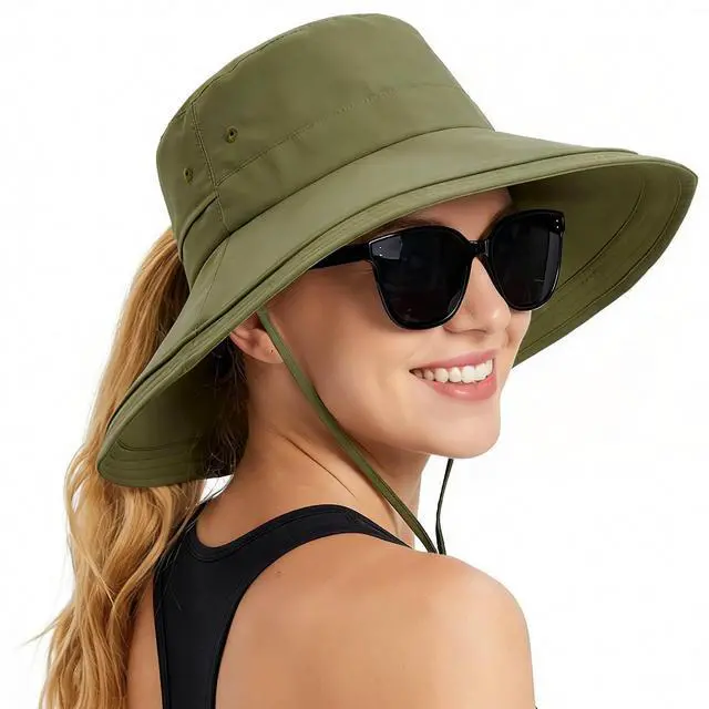 Main image of Women Sun Hat with Ponytail Hole Wide Brim Bucket Hats UPF 50+ Beach Hiking Gardening Hat Water-Resistant Outdoot Hat Dark Green