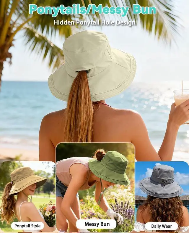 Alt view image 3 of 6 - Women Sun Hat with Ponytail Hole Wide Brim Bucket Hats UPF 50+ Beach Hiking Gardening Hat Water-Resistant Outdoot Hat Dark Green