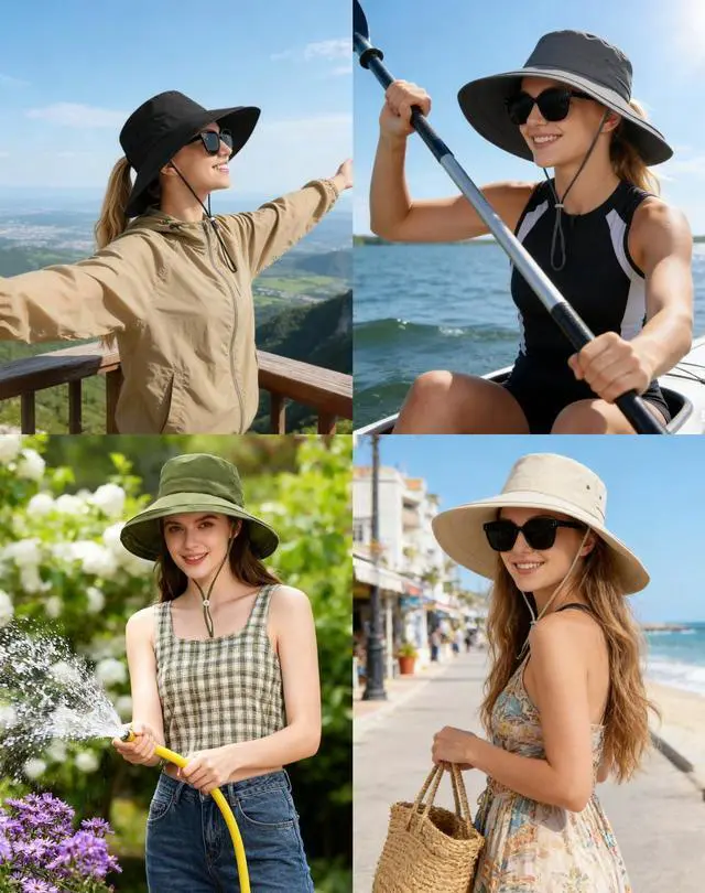 Alt view image 2 of 6 - Women Sun Hat with Ponytail Hole Wide Brim Bucket Hats UPF 50+ Beach Hiking Gardening Hat Water-Resistant Outdoot Hat Dark Green