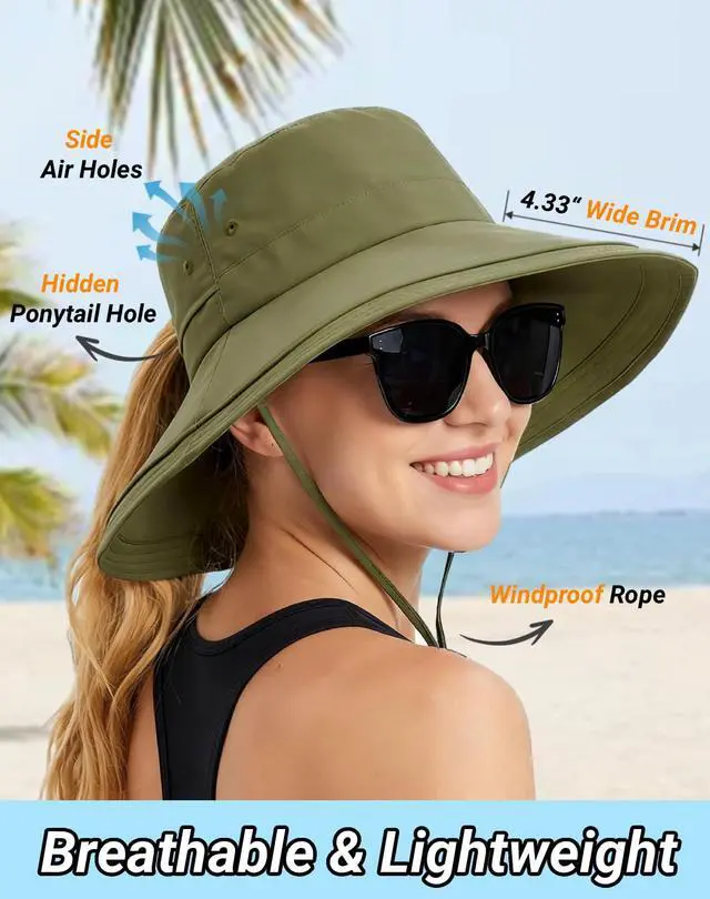 Alt view image 5 of 6 - Women Sun Hat with Ponytail Hole Wide Brim Bucket Hats UPF 50+ Beach Hiking Gardening Hat Water-Resistant Outdoot Hat Dark Green