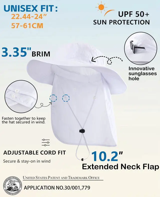 Alt view image 2 of 7 - Unisex UPF 50+ Mens Sun Hat Wide Brim Fishing Hat with Neck Flap Summer Bucket Beach Safari UV Protection Cap White