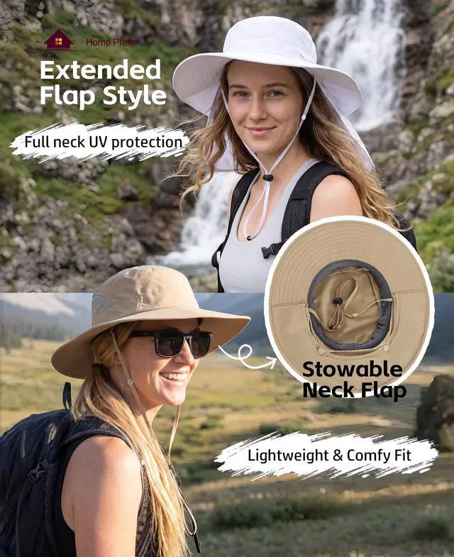 Alt view image 3 of 7 - Unisex UPF 50+ Mens Sun Hat Wide Brim Fishing Hat with Neck Flap Summer Bucket Beach Safari UV Protection Cap White