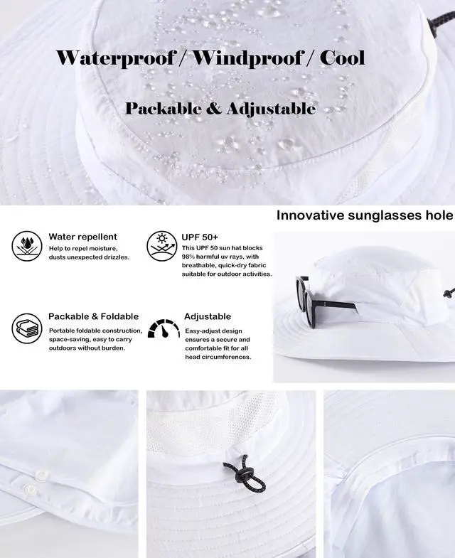 Alt view image 5 of 7 - Unisex UPF 50+ Mens Sun Hat Wide Brim Fishing Hat with Neck Flap Summer Bucket Beach Safari UV Protection Cap White
