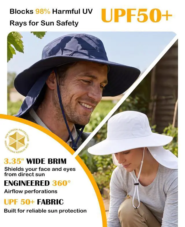 Alt view image 7 of 7 - Unisex UPF 50+ Mens Sun Hat Wide Brim Fishing Hat with Neck Flap Summer Bucket Beach Safari UV Protection Cap White