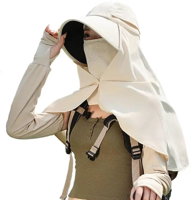 Main image of Women's UV Protection Sun Hat,UPF50+, Large Brim & Cape with Face Mask & Shawl, Perfect for Hiking,Outdoor & Travel Beige