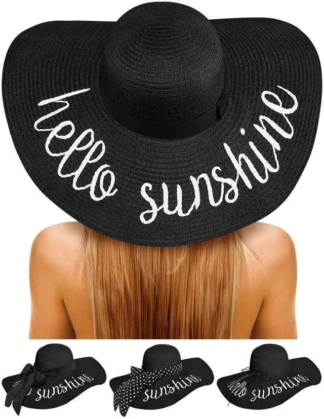 Main image of Beach Hats for Women, Floppy Straw Sun Hat Embroidered Wide Brim for Summer Honeymoon Vacation Cruise Black