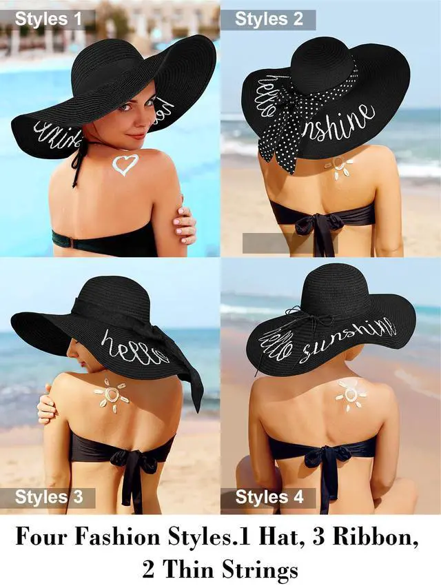 Alt view image 2 of 6 - Beach Hats for Women, Floppy Straw Sun Hat Embroidered Wide Brim for Summer Honeymoon Vacation Cruise Black