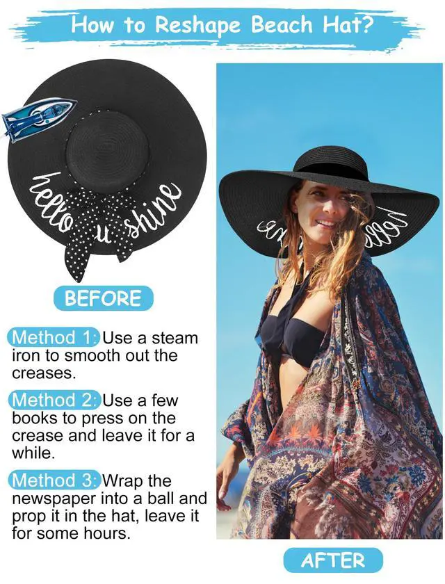 Alt view image 4 of 6 - Beach Hats for Women, Floppy Straw Sun Hat Embroidered Wide Brim for Summer Honeymoon Vacation Cruise Black