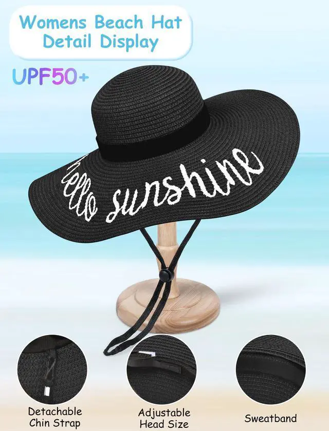 Alt view image 3 of 6 - Beach Hats for Women, Floppy Straw Sun Hat Embroidered Wide Brim for Summer Honeymoon Vacation Cruise Black
