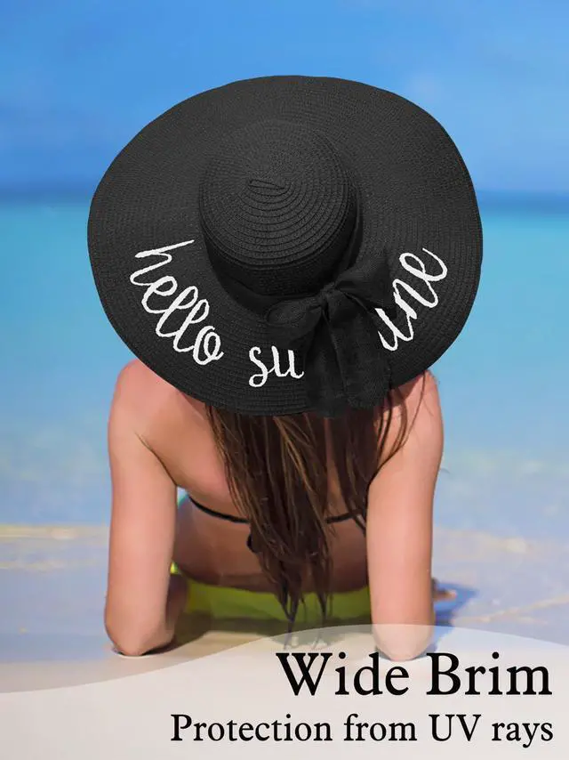 Alt view image 6 of 6 - Beach Hats for Women, Floppy Straw Sun Hat Embroidered Wide Brim for Summer Honeymoon Vacation Cruise Black