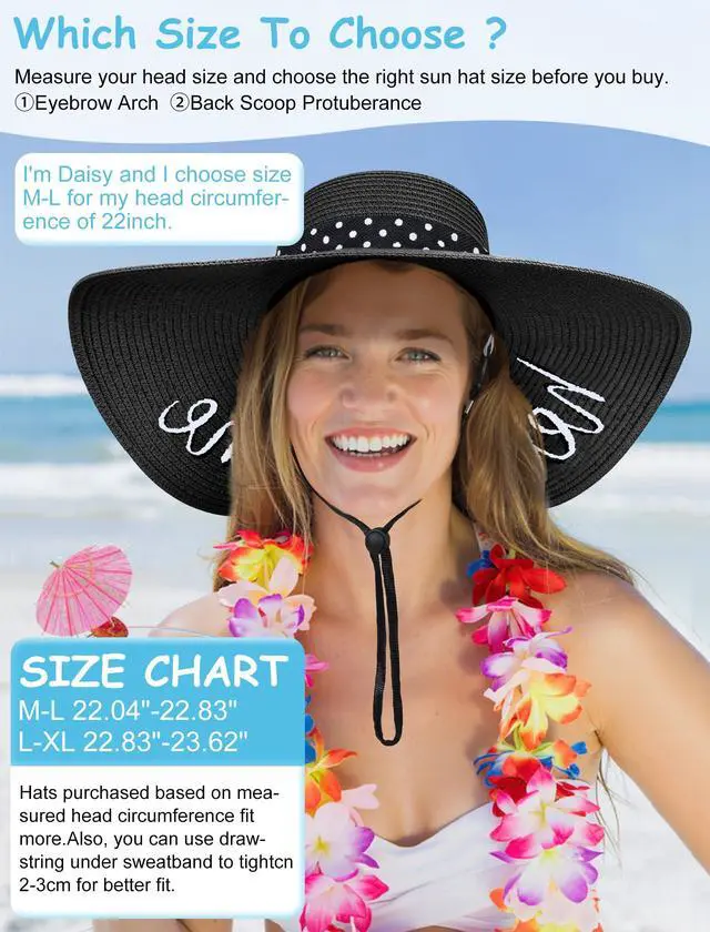Alt view image 5 of 6 - Beach Hats for Women, Floppy Straw Sun Hat Embroidered Wide Brim for Summer Honeymoon Vacation Cruise Black