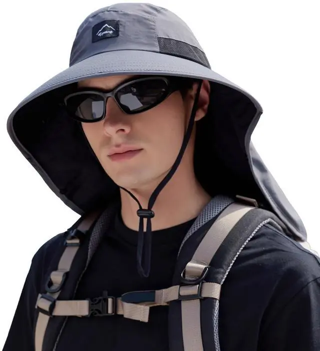 Main image of Outdoor Sun Hat for Men Women, UPF50+ Protection Safari Cap Wide Brim Mesh Fishing Hat with Neck Flap Beach Garden