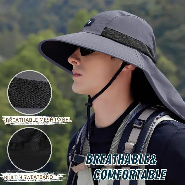 Alt view image 4 of 6 - Outdoor Sun Hat for Men Women, UPF50+ Protection Safari Cap Wide Brim Mesh Fishing Hat with Neck Flap Beach Garden