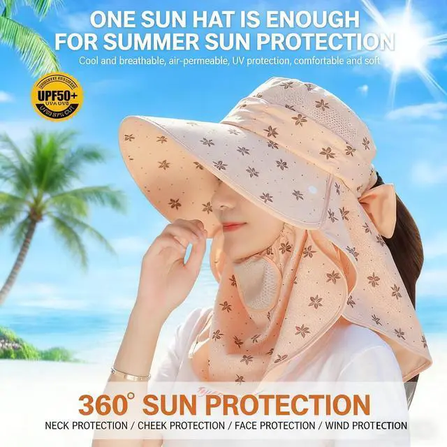 Alt view image 4 of 7 - UPF 50+ UV Protection Sun Hat for Women, Wide Brim Summer Sun Hat with Neck Flap & Face Cover, (Beige)