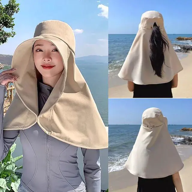 Alt view image 4 of 7 - Fashion Outdoor Beach Hats UPF 50+ UV Sun Protection Wide Brim Shawl Breathable Face Neck Flap Cover Folding Sun Hat (US, Alpha, One Size, Khaki)