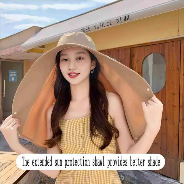 Alt view image 6 of 7 - Fashion Outdoor Beach Hats UPF 50+ UV Sun Protection Wide Brim Shawl Breathable Face Neck Flap Cover Folding Sun Hat (US, Alpha, One Size, Khaki)