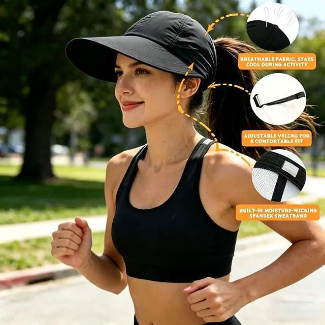 Alt view image 4 of 6 - Adjustable UPF Sunscreen Baseball Hat, Wide Brim Baseball Cap for Women & Men, UV Protection Hat, UPF 50+Womens Packable Sun Caps for Hiking, Camping, Outdoor Sports Black