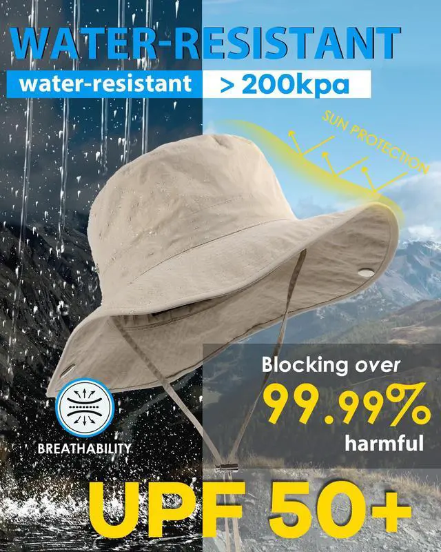 Alt view image 4 of 6 - Waterproof Bucket Rain Hat for Women Wide Brim Summer UPF50+ Cowboy Sun Hat Men Foldable Soft Floppy Beach Hat Beige