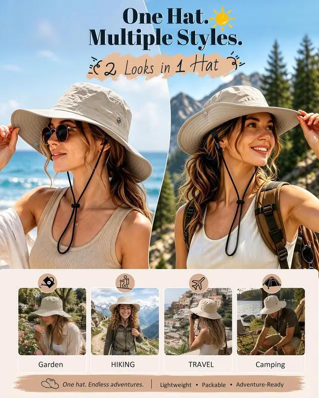 Alt view image 6 of 6 - Waterproof Bucket Rain Hat for Women Wide Brim Summer UPF50+ Cowboy Sun Hat Men Foldable Soft Floppy Beach Hat Beige