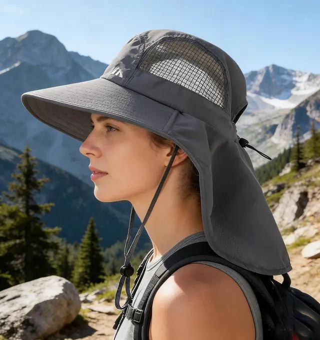 Alt view image 2 of 6 - Womens Sun Hats Hiking Fishinghat Wide Brim UPF 50+ UV Protection Gardening Hats with Large Neck Flap for Womens and Young Girls Dark Gray