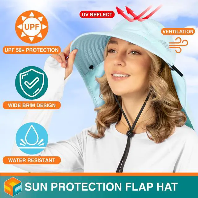 Alt view image 2 of 7 - Wide Brim Sun Hat with Neck Flap, Fishing Hiking for Women Safari, Neck Cover for Outdoor Sun Protection UPF50+ | Light Blue