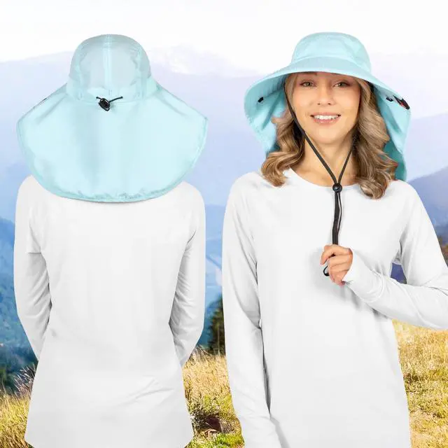 Alt view image 5 of 7 - Wide Brim Sun Hat with Neck Flap, Fishing Hiking for Women Safari, Neck Cover for Outdoor Sun Protection UPF50+ | Light Blue