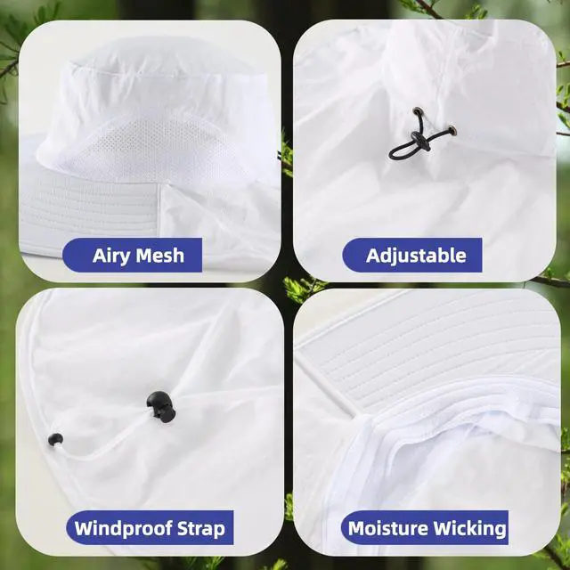 Alt view image 4 of 6 - Outdoor UPF50+ Sun Hat Wide Brim Mesh Fishing Hat with Neck Flap (White)