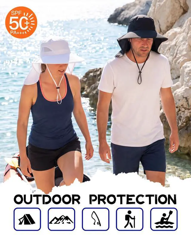 Alt view image 5 of 6 - Outdoor UPF50+ Sun Hat Wide Brim Mesh Fishing Hat with Neck Flap (White)