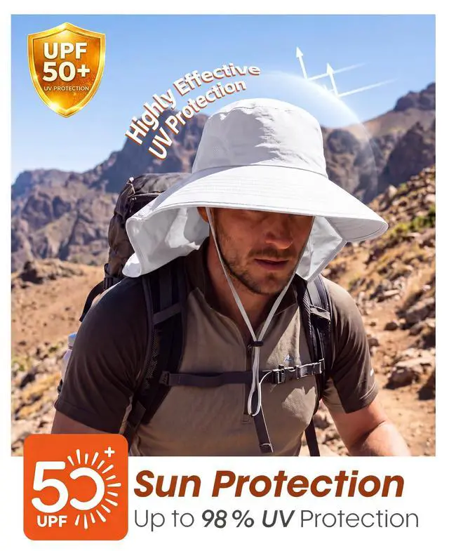 Alt view image 6 of 6 - Outdoor UPF50+ Sun Hat Wide Brim Mesh Fishing Hat with Neck Flap (White)