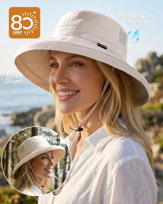 Alt view image 2 of 6 - Wide Brim Sun Hat with Ponytail Hole for Women UPF 80+ UV Protection Packable Bucket Hiking Travel Outdoor Hat Beige