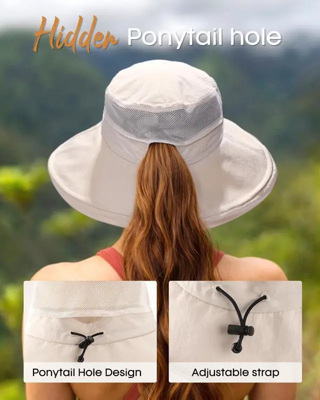 Alt view image 3 of 6 - Wide Brim Sun Hat with Ponytail Hole for Women UPF 80+ UV Protection Packable Bucket Hiking Travel Outdoor Hat Beige