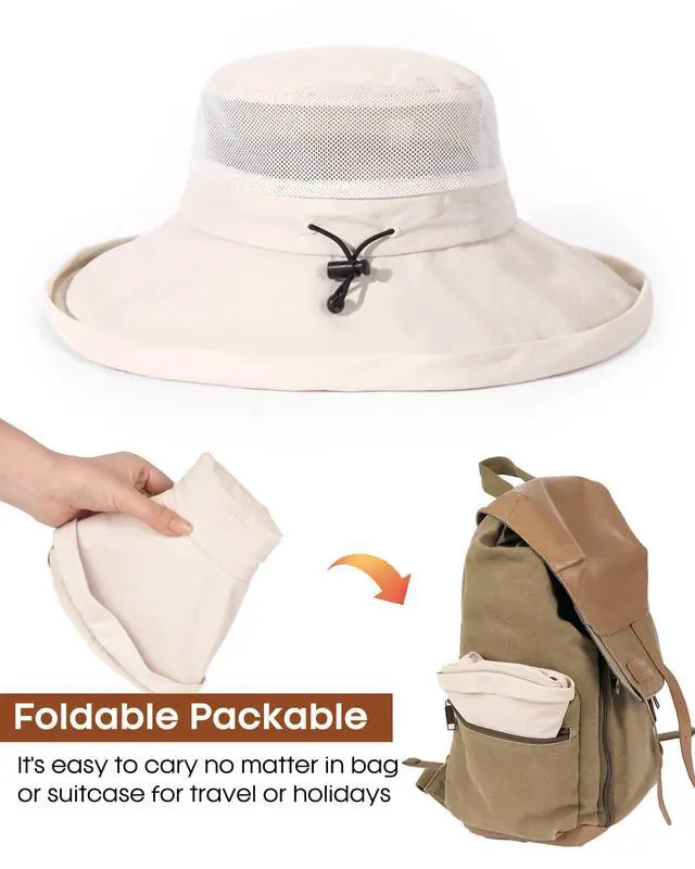 Alt view image 4 of 6 - Wide Brim Sun Hat with Ponytail Hole for Women UPF 80+ UV Protection Packable Bucket Hiking Travel Outdoor Hat Beige