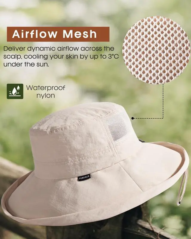 Alt view image 6 of 6 - Wide Brim Sun Hat with Ponytail Hole for Women UPF 80+ UV Protection Packable Bucket Hiking Travel Outdoor Hat Beige
