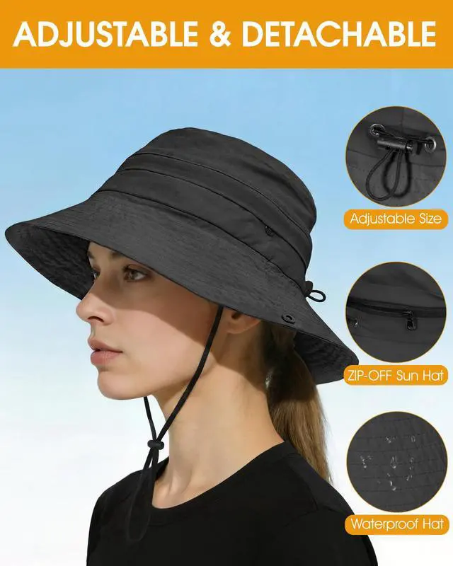 Alt view image 3 of 6 - Sun Hats for Women Men, Waterproof Packable 2 in 1 UV Protection Sunhat for Summer Hiking Outdoor Garden Black